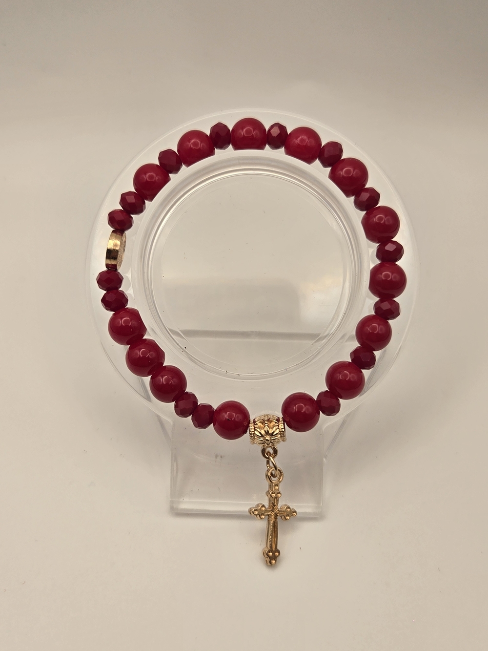 8mm Hand Crafted Red Glass Beaded Bracelet with Gold Cross Charm